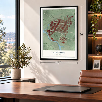 Sunnyside, New York map, 18 x 24 inch print in a black frame in a home office