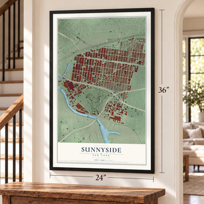 Sunnyside, New York map, 24 x 36 inch print in a black frame by a staircase