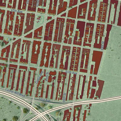 Close-up of the map of Sunnyside, New York print showing street and building detail