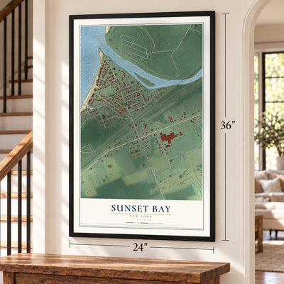 Sunset Bay, New York map, 24 x 36 inch print in a black frame by a staircase
