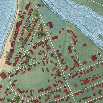 Close-up of the map of Sunset Bay, New York print showing street and building detail