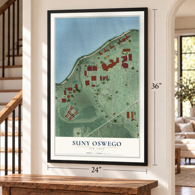 SUNY Oswego, New York map, 24 x 36 inch print in a black frame by a staircase