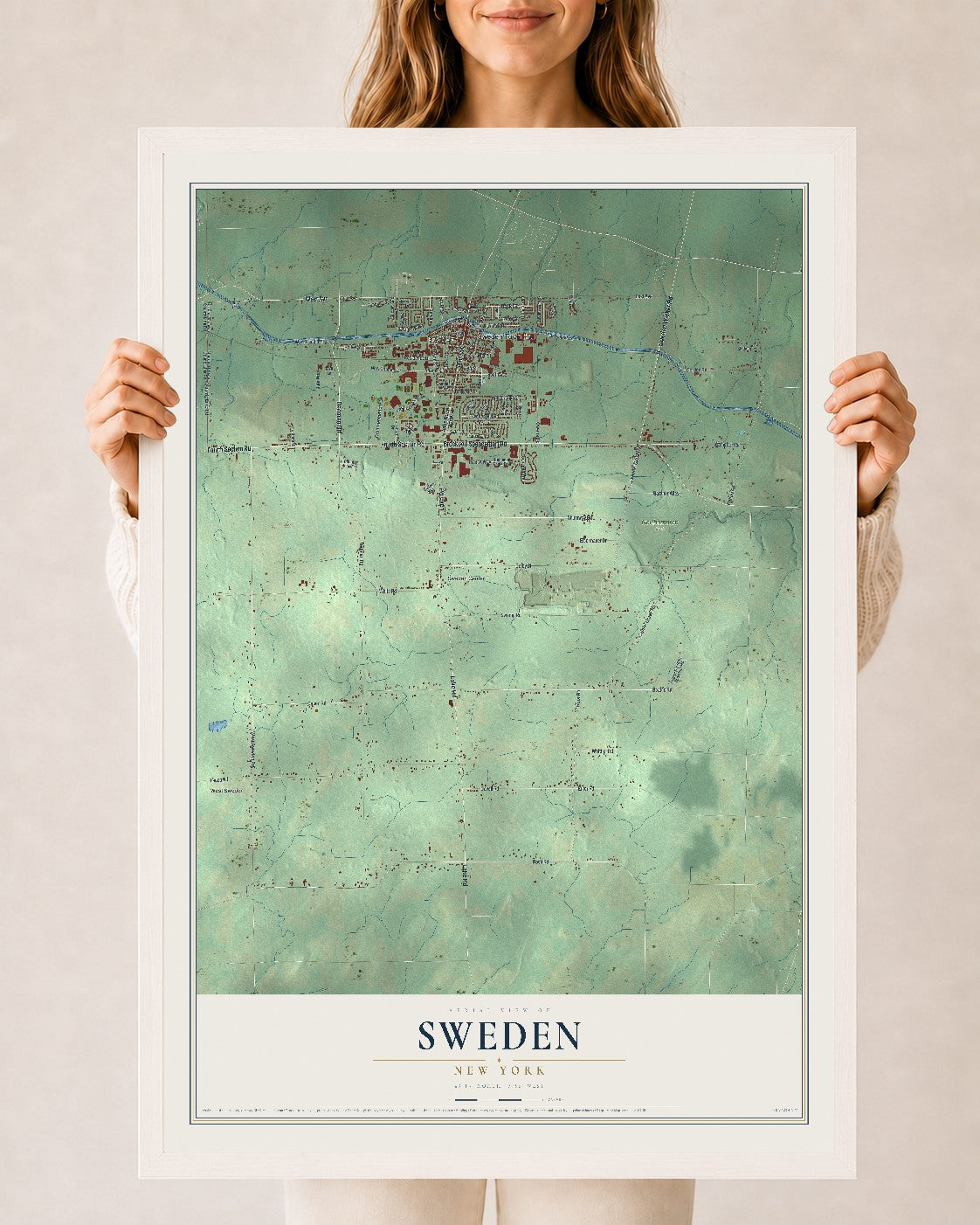 Sweden, New York map print, 24" x 36" W/ White Ayous Wood Frame mockup