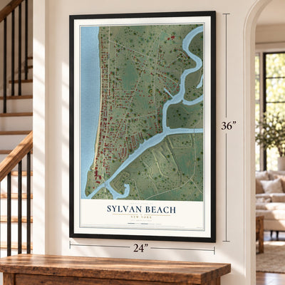 Sylvan Beach, New York map, 24 x 36 inch print in a black frame by a staircase