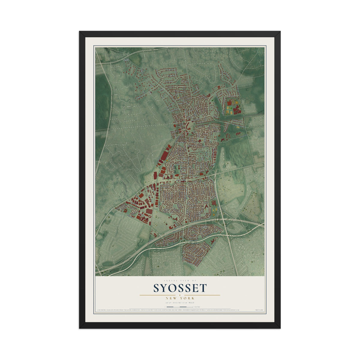 Syosset, New York map print, 12" x 18" W/ Black Ayous Wood Frame mockup