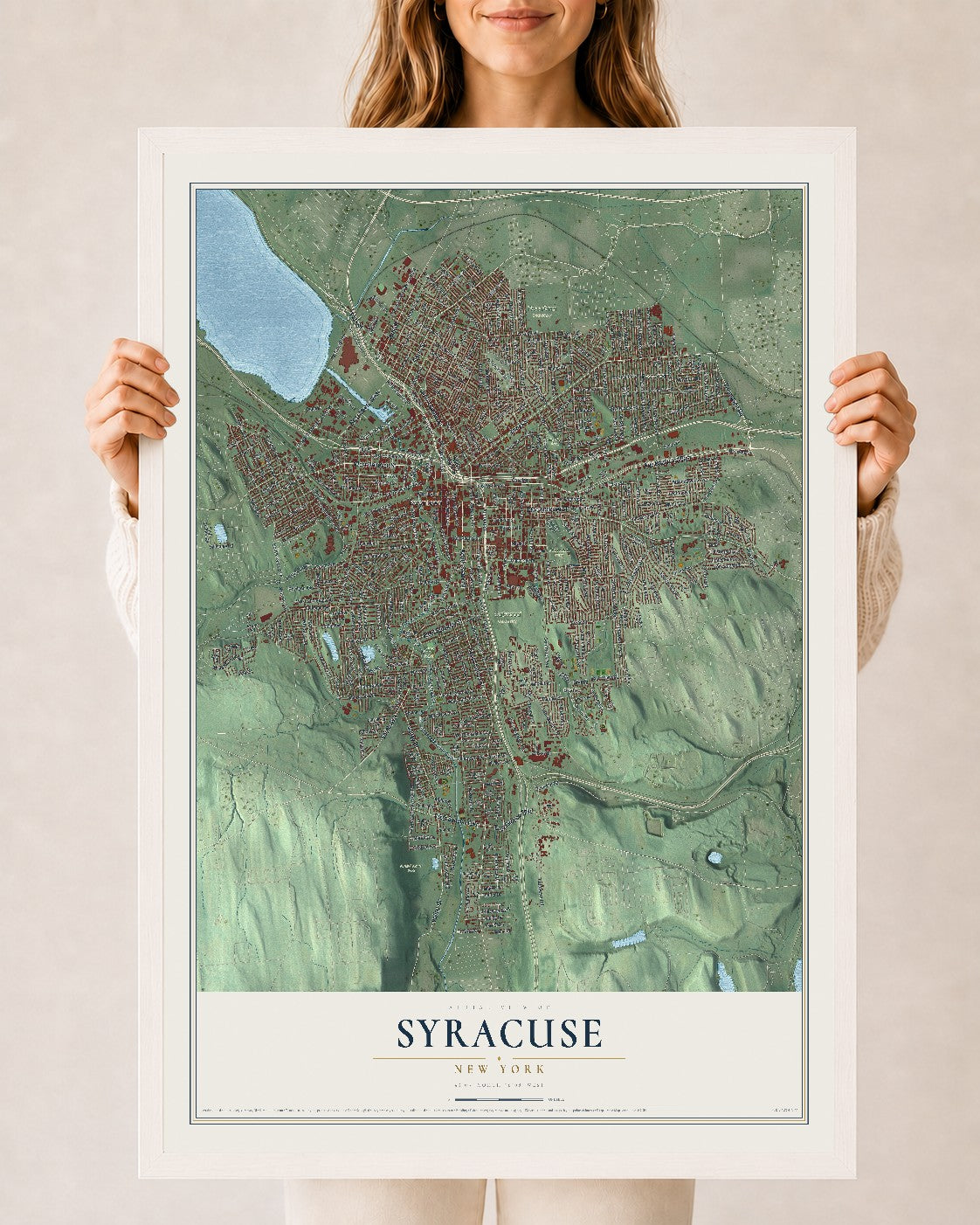Syracuse, New York map print, 24" x 36" W/ White Ayous Wood Frame mockup