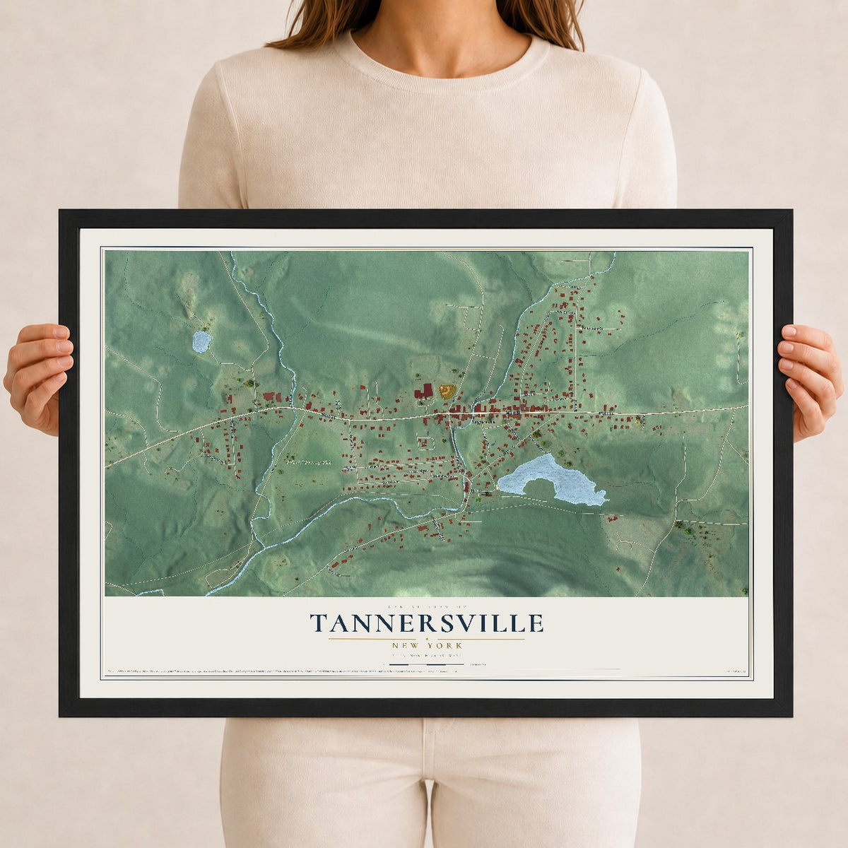 Tannersville, New York map print, 12" x 18" W/ Black Ayous Wood Frame mockup