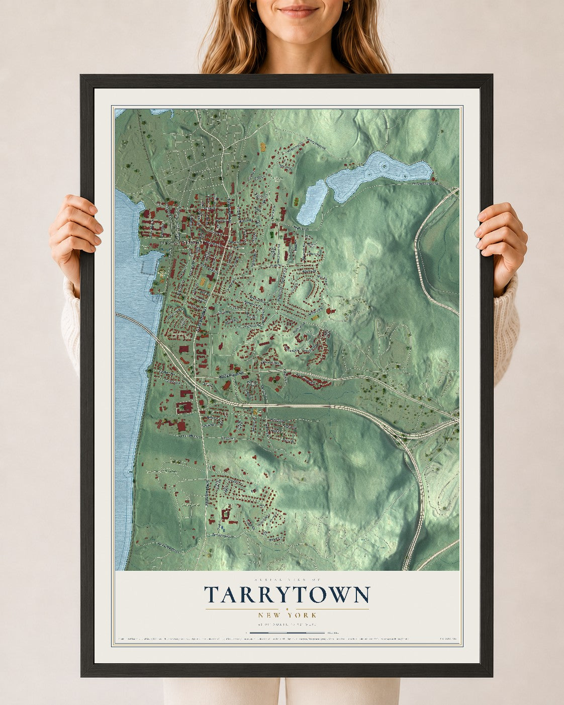 Tarrytown, New York map print, 24" x 36" W/ Black Ayous Wood Frame mockup
