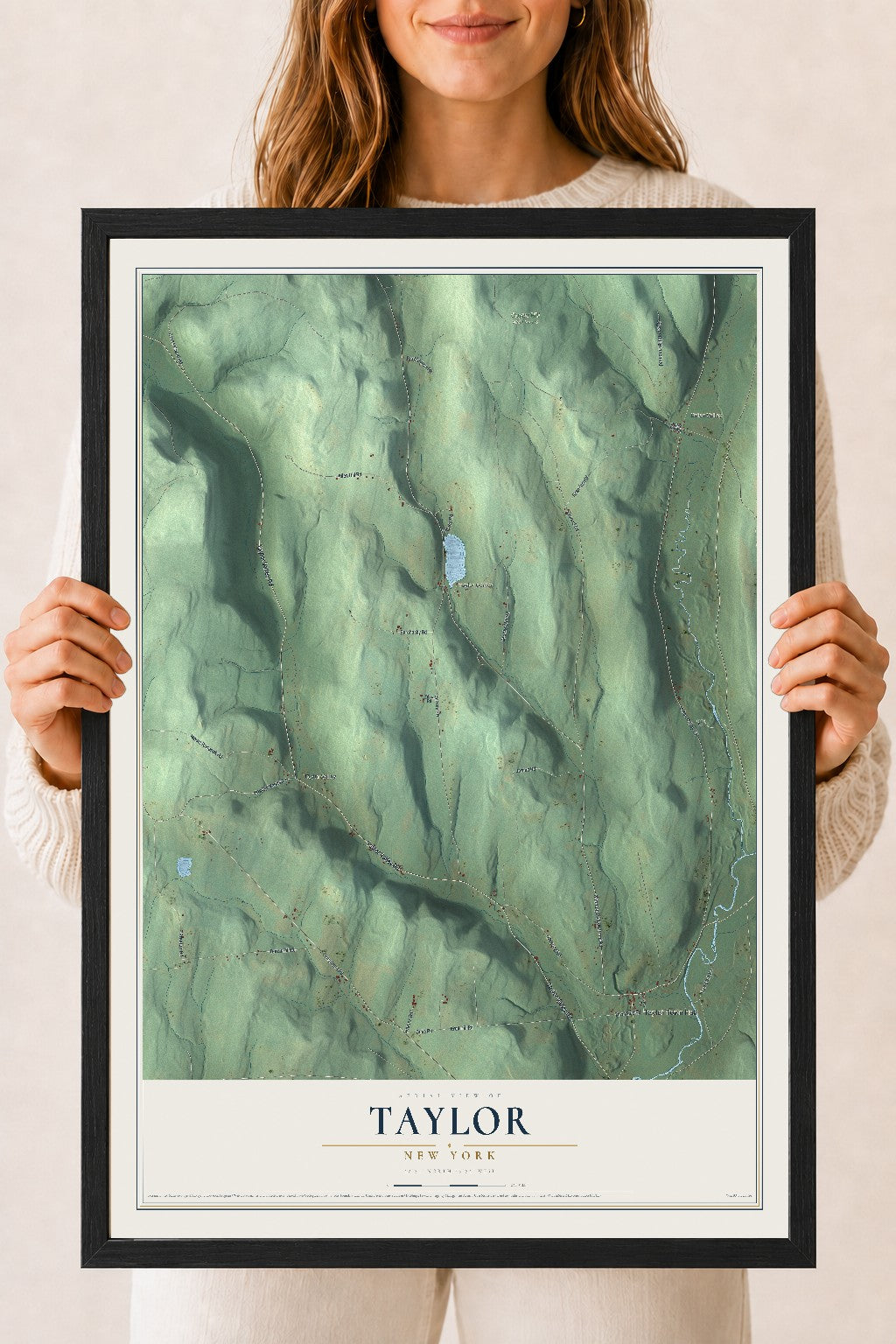Taylor, New York map print, 18" x 24" W/ Black Ayous Wood Frame mockup