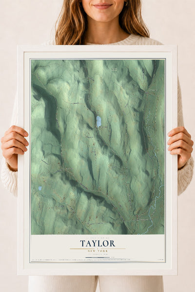 Taylor, New York map print, 18" x 24" W/ White Ayous Wood Frame mockup