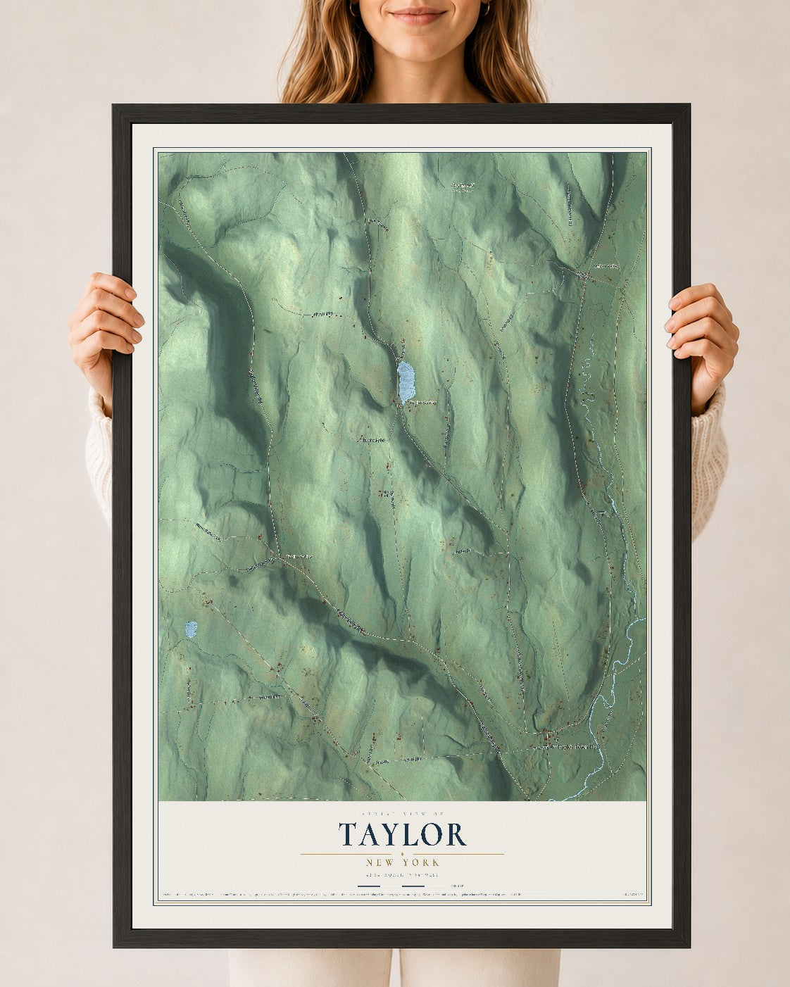 Taylor, New York map print, 24" x 36" W/ Black Ayous Wood Frame mockup