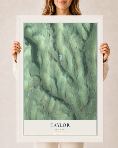Taylor, New York map print, 24" x 36" W/ White Ayous Wood Frame mockup