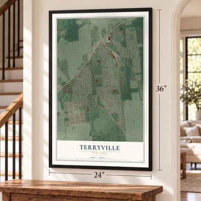 Terryville, New York map, 24 x 36 inch print in a black frame by a staircase