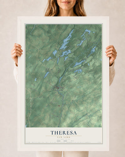 Theresa, New York map print, 24" x 36" W/ White Ayous Wood Frame mockup
