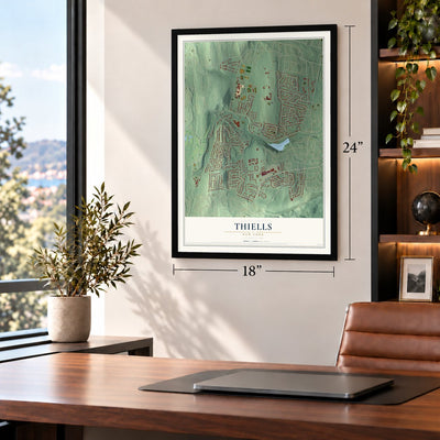 Thiells, New York map, 18 x 24 inch print in a black frame in a home office