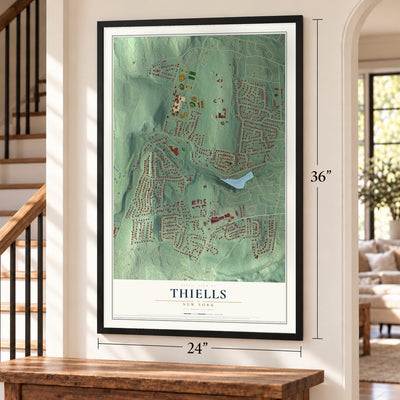 Thiells, New York map, 24 x 36 inch print in a black frame by a staircase