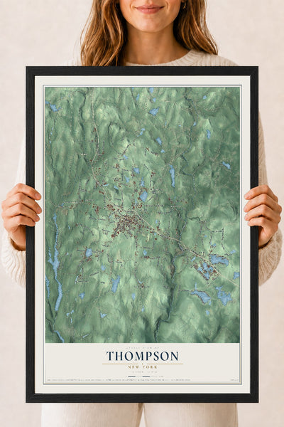 Thompson, New York map print, 18" x 24" W/ Black Ayous Wood Frame mockup