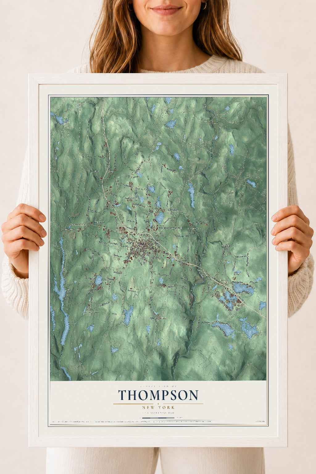 Thompson, New York map print, 18" x 24" W/ White Ayous Wood Frame mockup