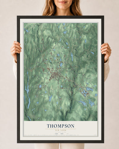 Thompson, New York map print, 24" x 36" W/ Black Ayous Wood Frame mockup