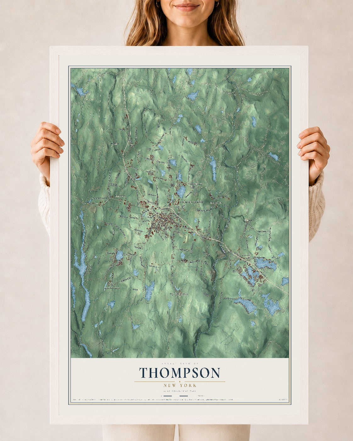 Thompson, New York map print, 24" x 36" W/ White Ayous Wood Frame mockup