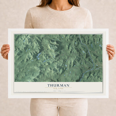 Thurman, New York map print, 12" x 18" W/ White Ayous Wood Frame mockup
