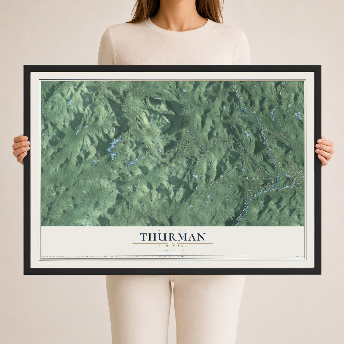 Thurman, New York map print, 24" x 36" W/ Black Ayous Wood Frame mockup