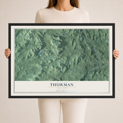 Thurman, New York map print, 24" x 36" W/ Black Ayous Wood Frame mockup