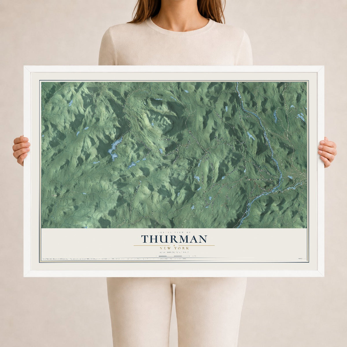 Thurman, New York map print, 24" x 36" W/ White Ayous Wood Frame mockup