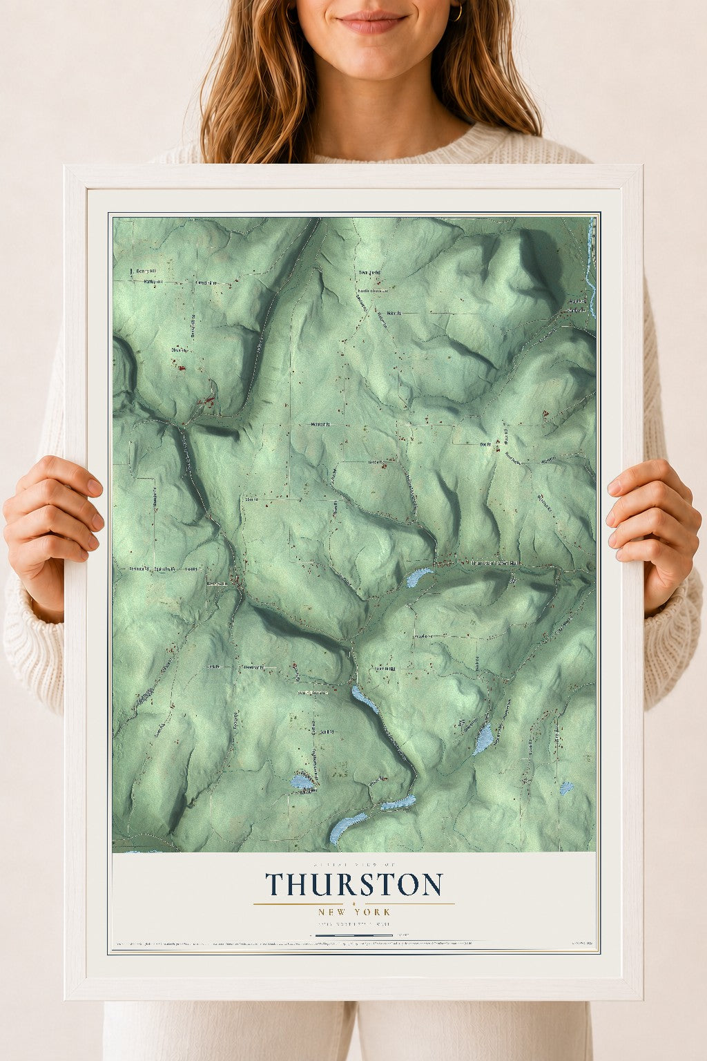 Thurston, New York map print, 18" x 24" W/ White Ayous Wood Frame mockup