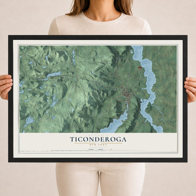Ticonderoga, New York map print, 18" x 24" W/ Black Ayous Wood Frame mockup