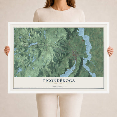 Ticonderoga, New York map print, 24" x 36" W/ White Ayous Wood Frame mockup