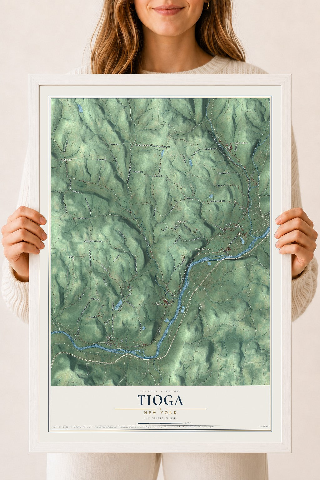 Tioga, New York map print, 18" x 24" W/ White Ayous Wood Frame mockup