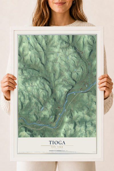 Tioga, New York map print, 18" x 24" W/ White Ayous Wood Frame mockup