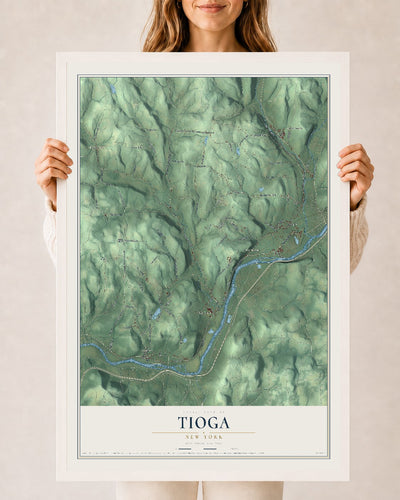 Tioga, New York map print, 24" x 36" W/ White Ayous Wood Frame mockup