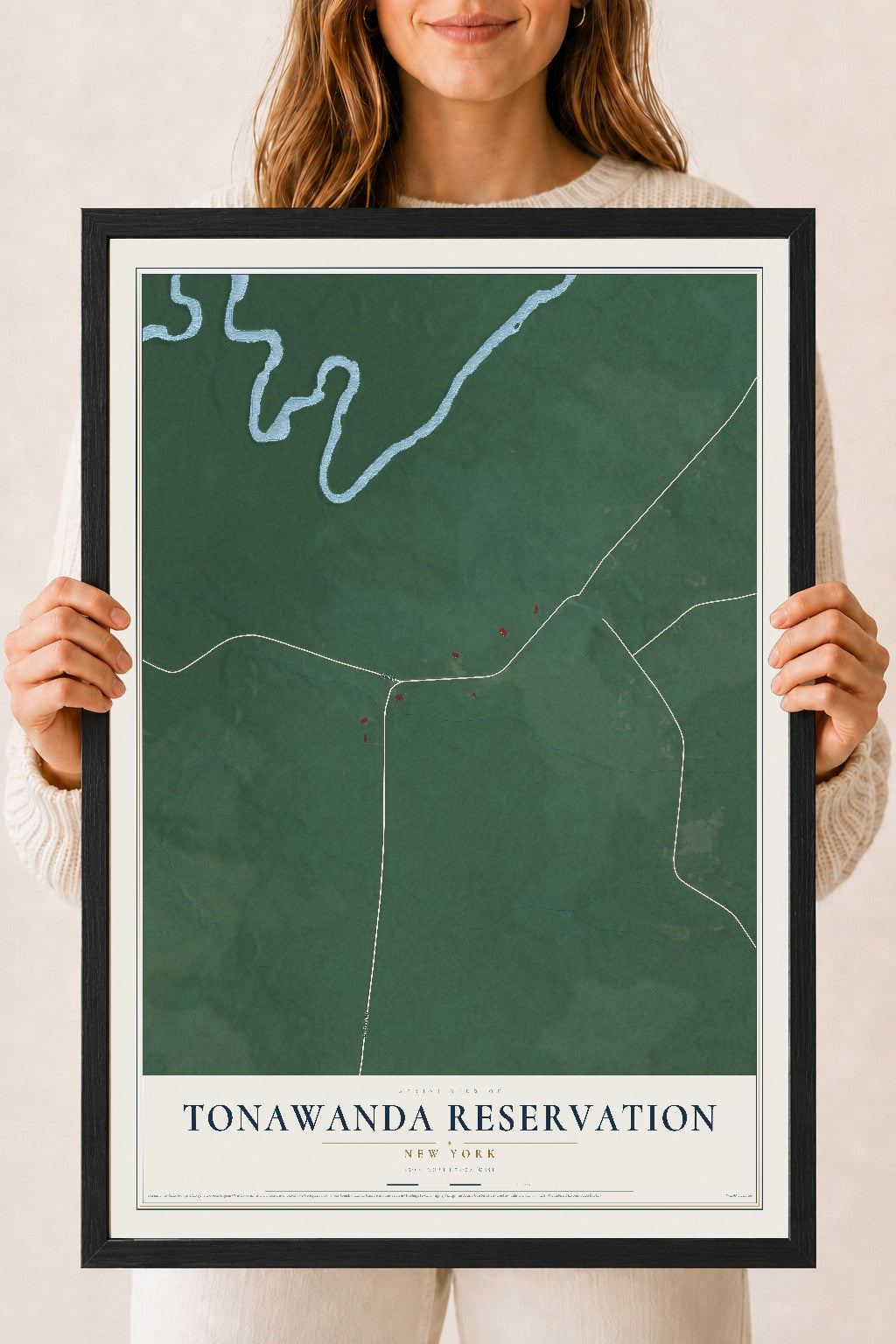 Tonawanda Reservation, New York map print, 18" x 24" W/ Black Ayous Wood Frame mockup