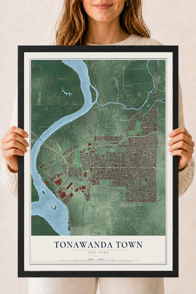 Tonawanda Town, New York map print, 18" x 24" W/ Black Ayous Wood Frame mockup