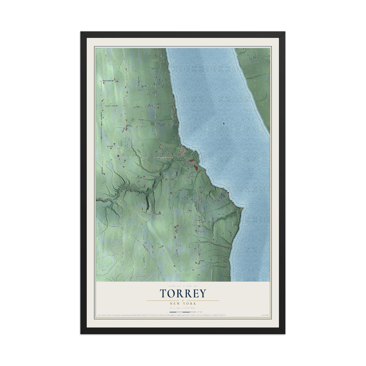 Torrey, New York map print, 12" x 18" W/ Black Ayous Wood Frame mockup