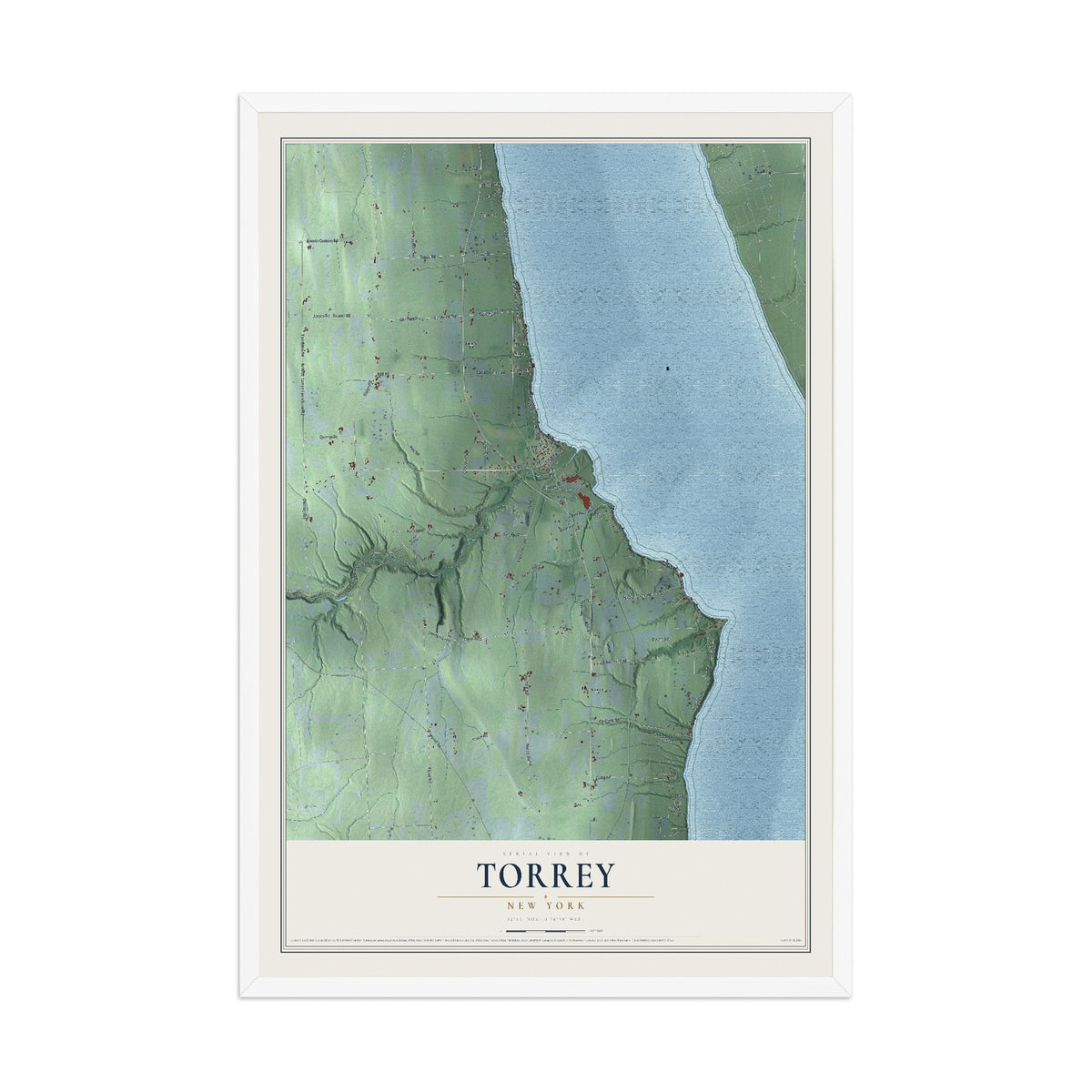 Torrey, New York map print, 12" x 18" W/ White Ayous Wood Frame mockup