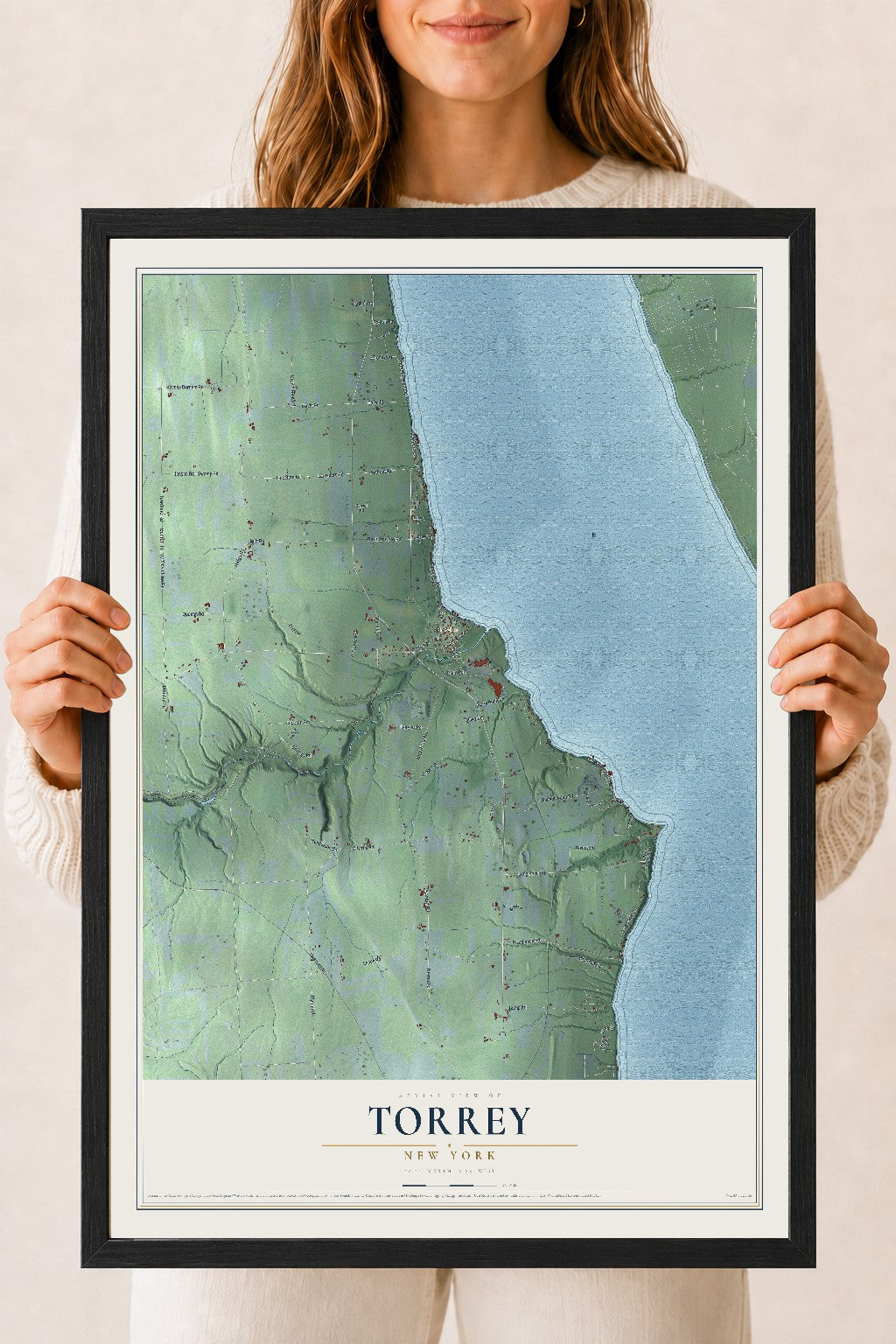 Torrey, New York map print, 18" x 24" W/ Black Ayous Wood Frame mockup