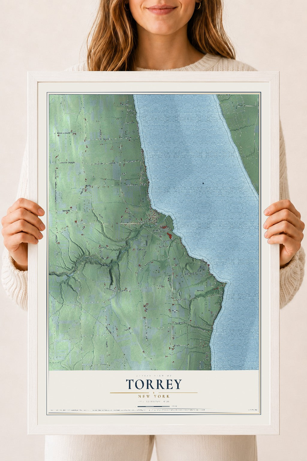 Torrey, New York map print, 18" x 24" W/ White Ayous Wood Frame mockup