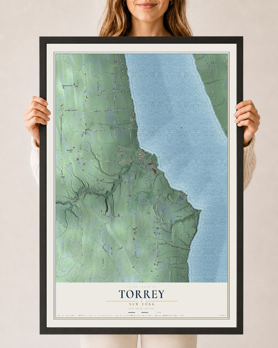 Torrey, New York map print, 24" x 36" W/ Black Ayous Wood Frame mockup