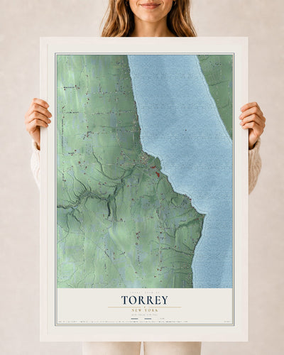 Torrey, New York map print, 24" x 36" W/ White Ayous Wood Frame mockup