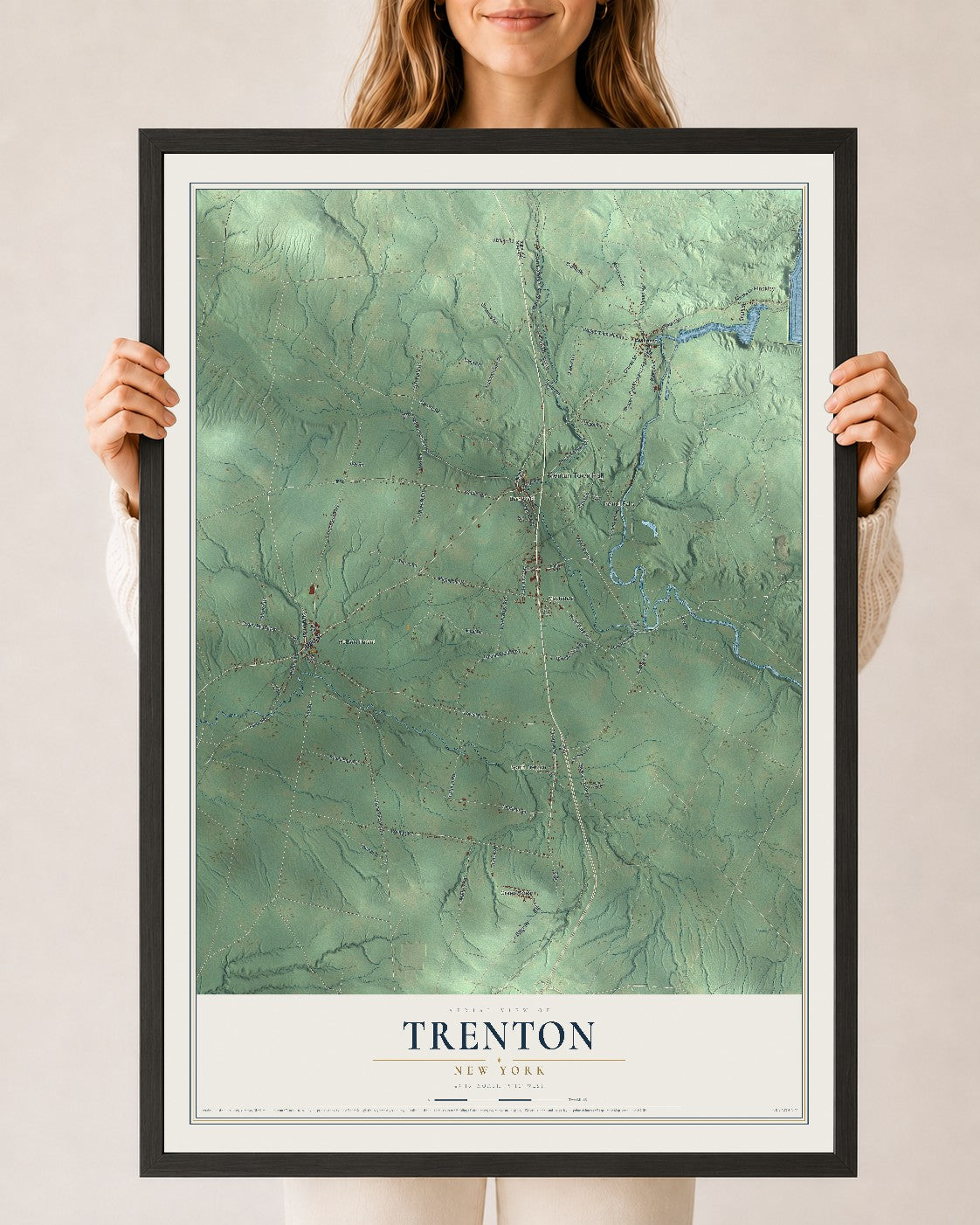 Trenton, New York map print, 24" x 36" W/ Black Ayous Wood Frame mockup