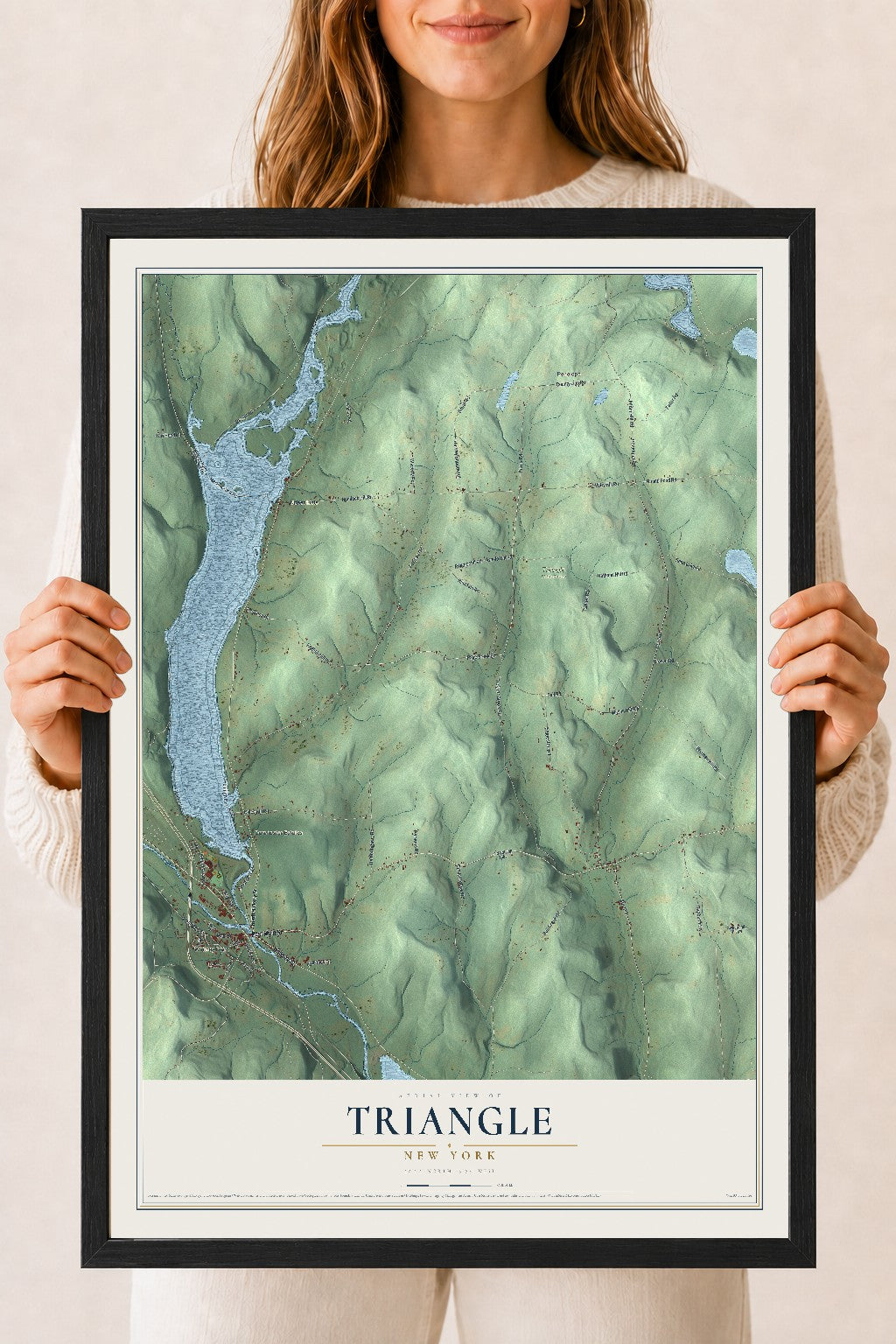 Triangle, New York map print, 18" x 24" W/ Black Ayous Wood Frame mockup