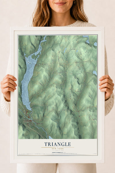 Triangle, New York map print, 18" x 24" W/ White Ayous Wood Frame mockup