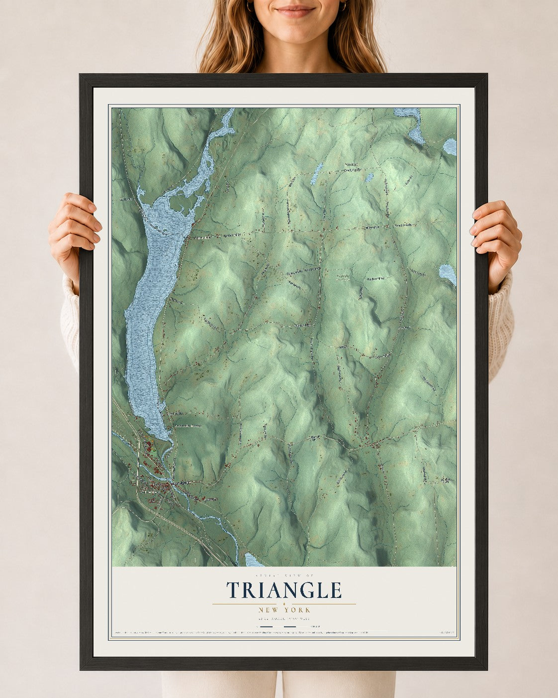 Triangle, New York map print, 24" x 36" W/ Black Ayous Wood Frame mockup