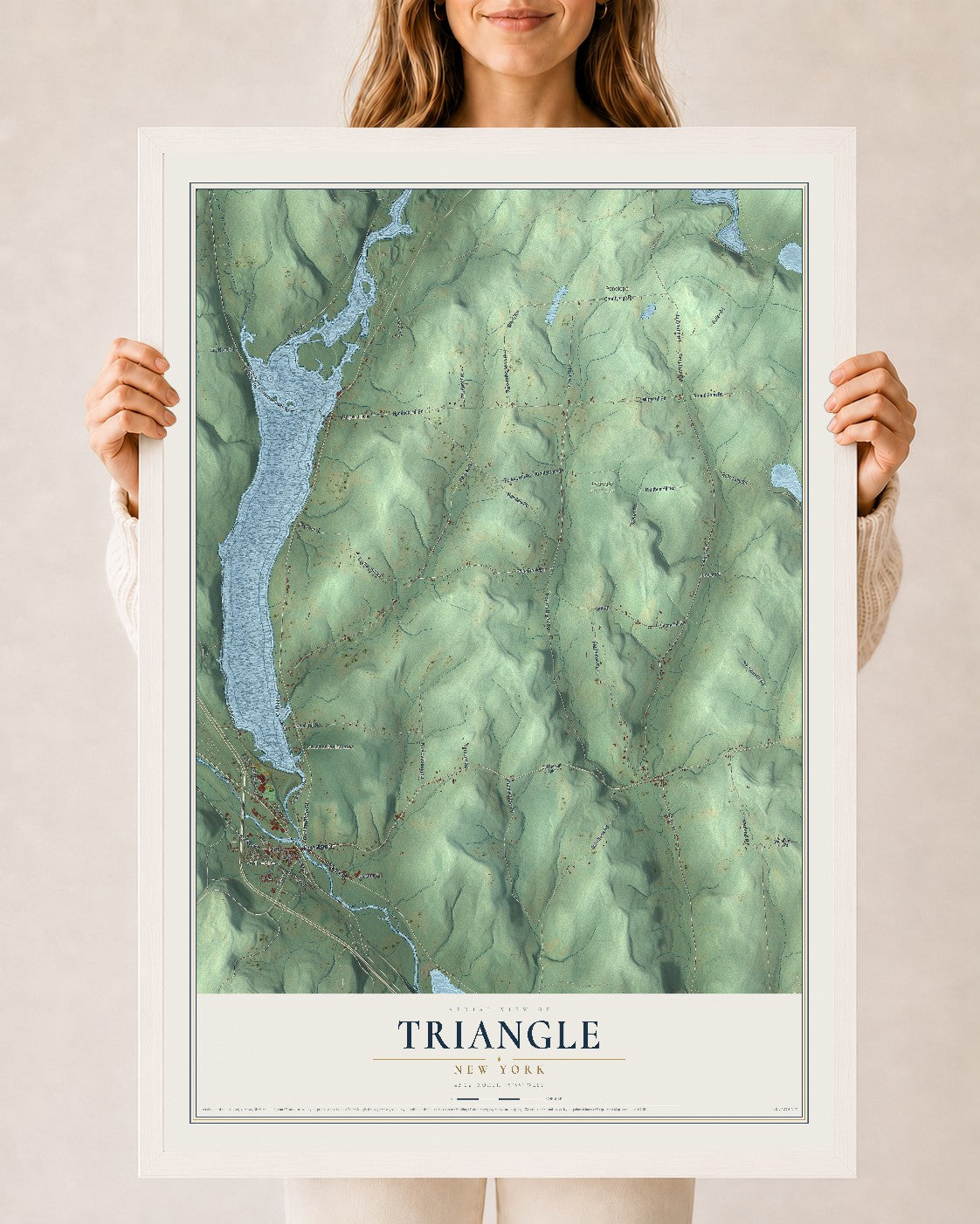 Triangle, New York map print, 24" x 36" W/ White Ayous Wood Frame mockup