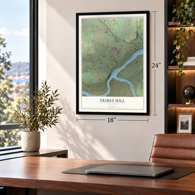 Tribes Hill, New York map, 18 x 24 inch print in a black frame in a home office