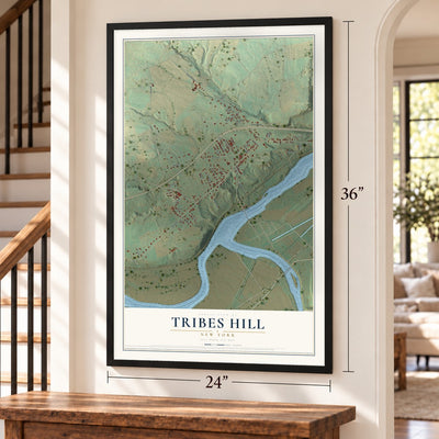 Tribes Hill, New York map, 24 x 36 inch print in a black frame by a staircase