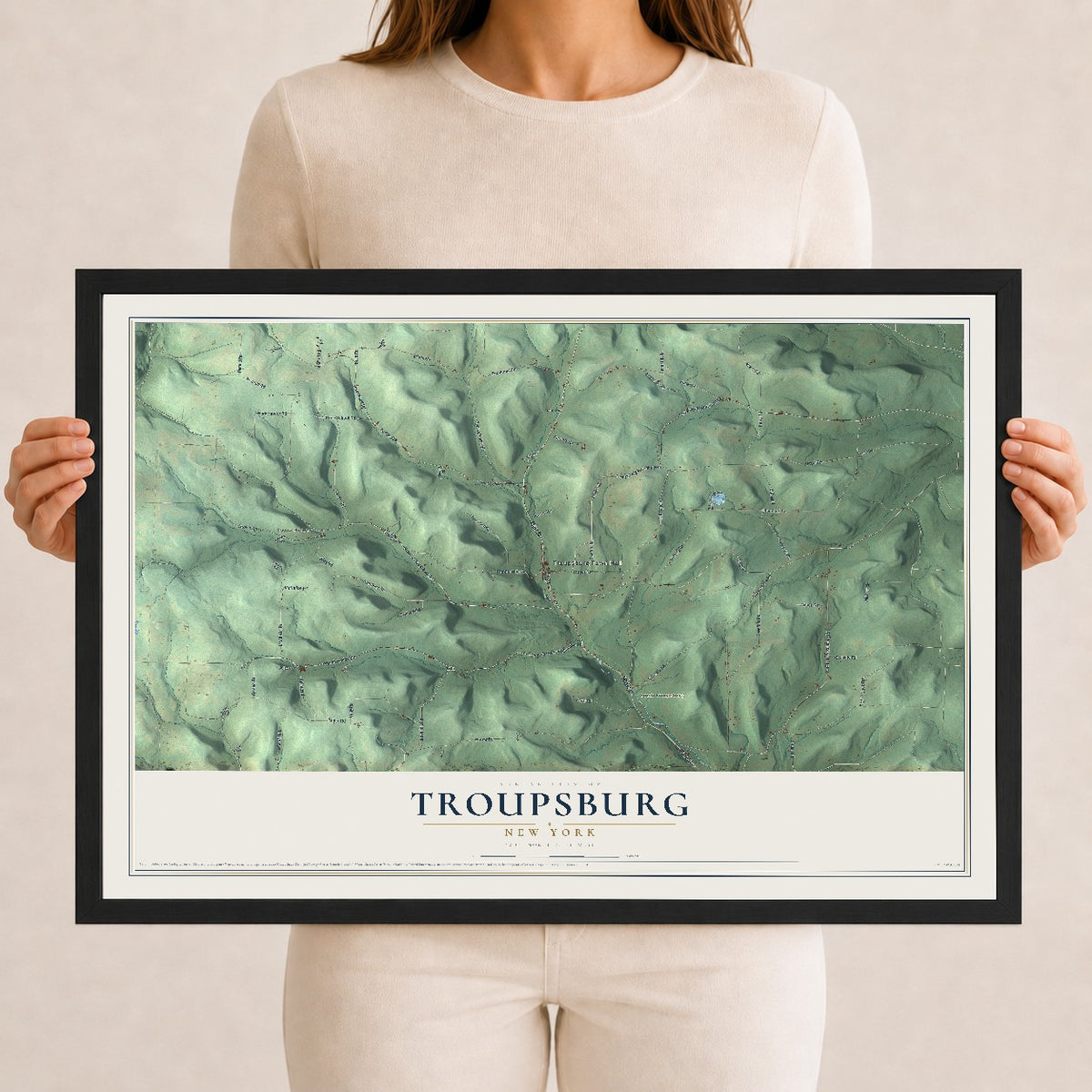 Troupsburg, New York map print, 12" x 18" W/ Black Ayous Wood Frame mockup